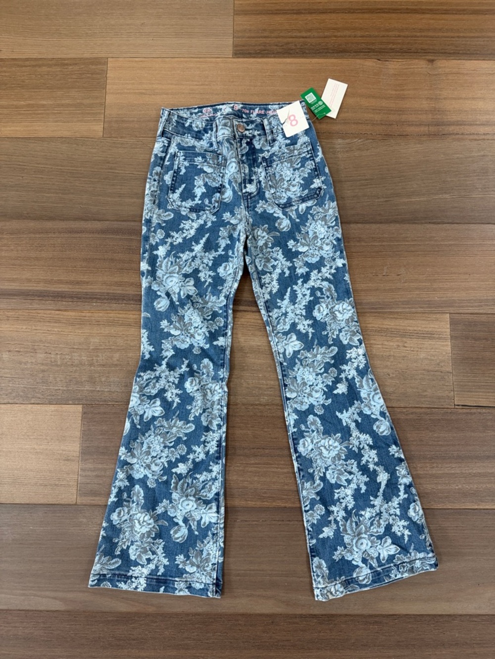 LoveShackFancy Blue Floral Flared Jeans